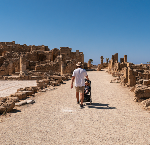 Family holiday in Cyprus with a toddler: parent walking with a stroller, baby friendly Cyprus